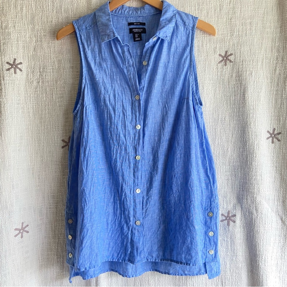 SOLD Jones & Co 100% linen sleeveless tunic top L blue button up chambray collar